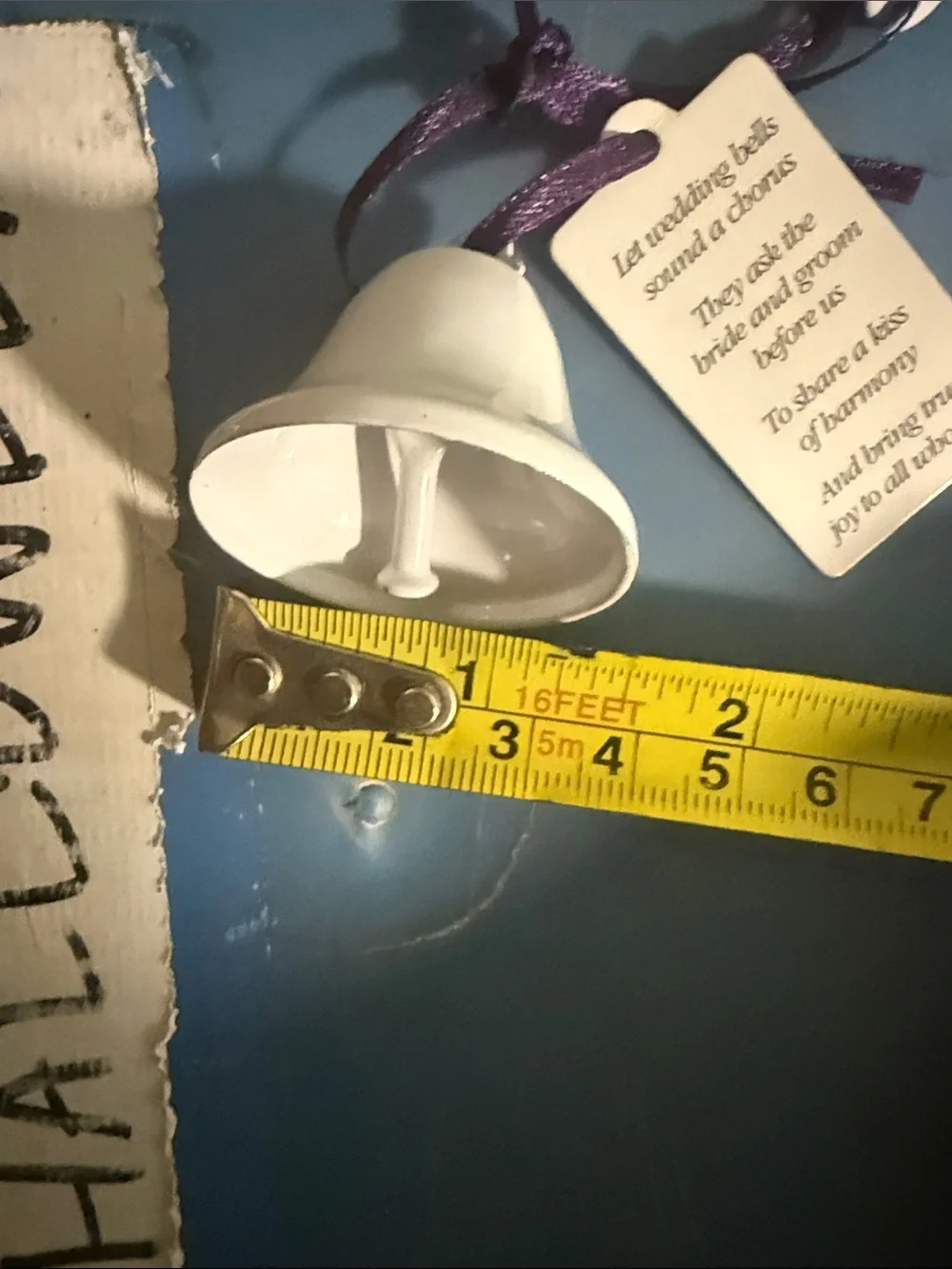 White Ceramic Bell Ornament with Purple Hanging Ribbon - Wedding